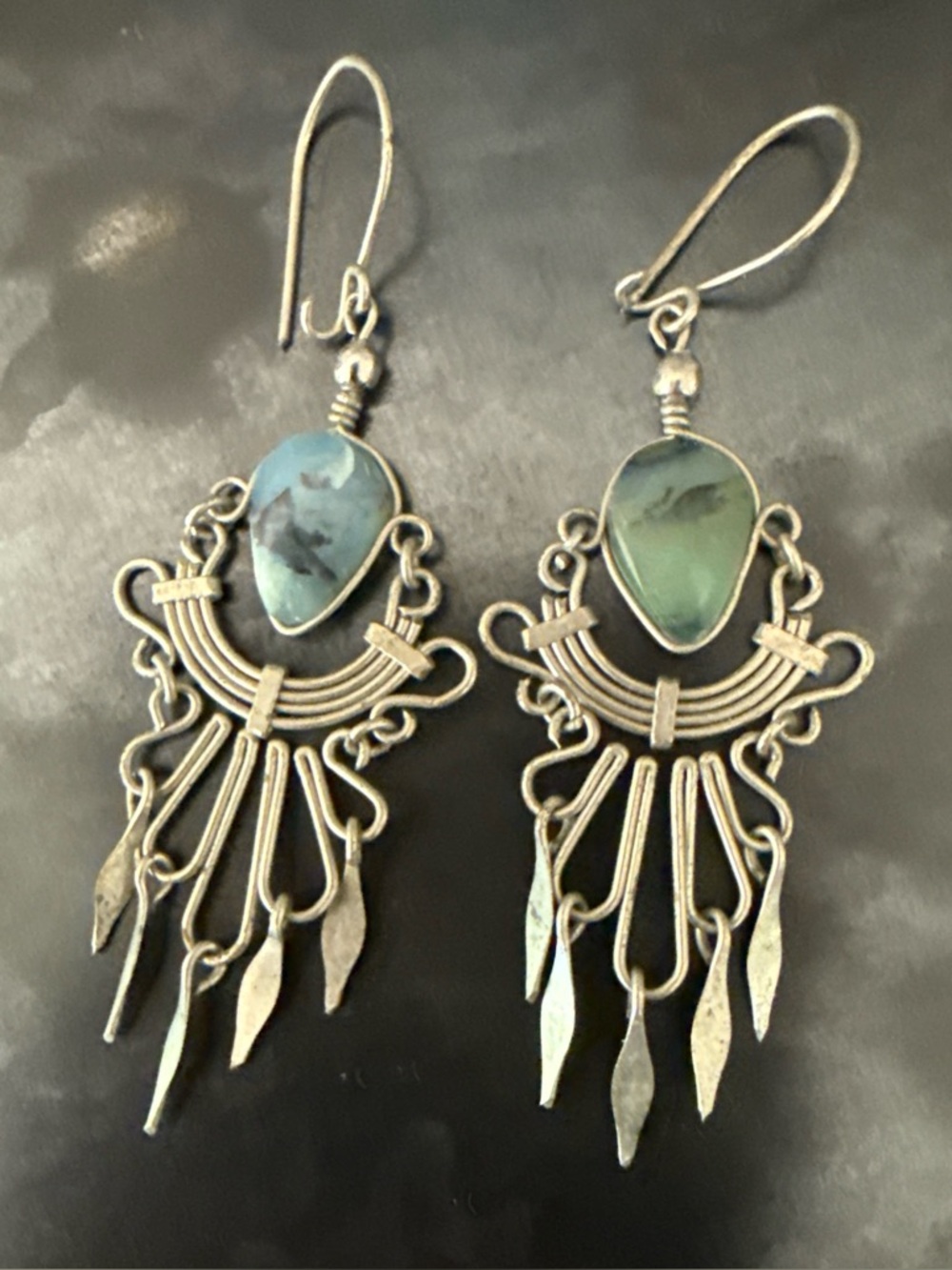Peruvian Wirework Vintage Silver Moss Agate Dangle Earrings Natural Stones